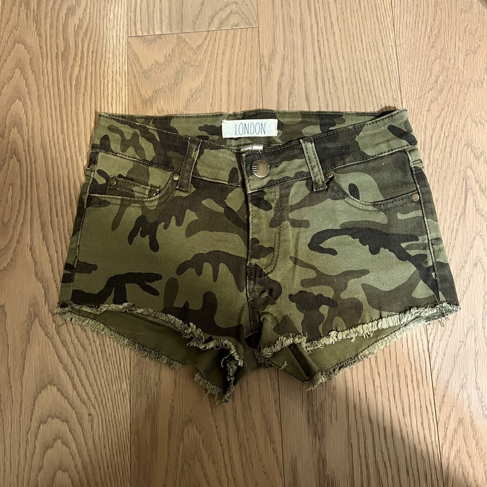 London women’s denim camo shorts
